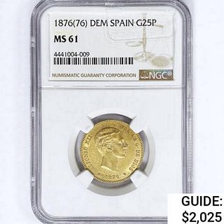 1876[76] Spain .23oz Gold 25 Pesetas NGC MS61 Only