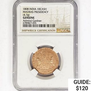 1808 India Madras Presidency 10 Cash Coin NGC Genu