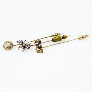 Collection of Three Victorian 10 Karat Yellow Gold Stickpins accented with Old European Cut and Mine Cut Diamonds, One with a