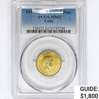 1916 5 Pesos .24oz Cuban Gold PCGS MS62 