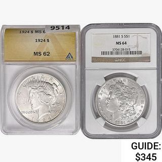 1881, 1924 (Set 2) Morgan & Peace Silver $1  MS 