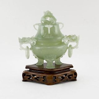 20th Century Chinese Carved Jade Covered Censer on Wooden Stand