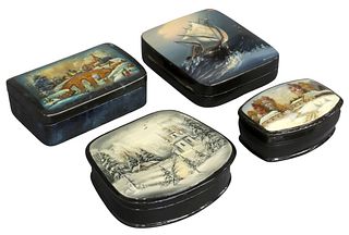 (4) FINE RUSSIAN LACQUER & SHELL INLAID PAPIER-MACHE TABLE BOXES