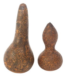(2) SIGNED PERUVIAN HAND-ENGRAVED GOURDS