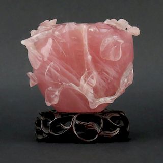 Antique Chinese Rose Quartz High Relief Flower Vase on Rosewood Stand