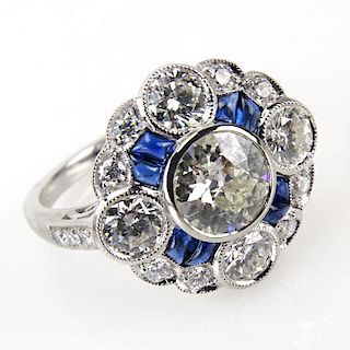 Art Deco Style Approx. 2.02 Carat TW Diamond, .23 Carat Sapphire and Platinum Ring Set in the Center with an Approx. .91 Cara