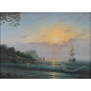 After: Ivan Konstantinovich Aivazovsky, Russian 1817-1900) Oil on Canvas, Ship at Sunset
