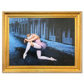 Zi Yu Yan, "Kneeling Ballerina" Framed Original Oil Painting on Canvas, Hand Signed with Letter of Authenticity.