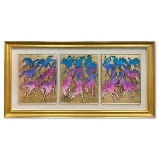 Guillaume Azoulay, "Cavalcade" Framed Limited Edition Serigraph Triptych with Gold Leaf, Numbered 116/195 and Hand Signed with Letter of Authenticity.