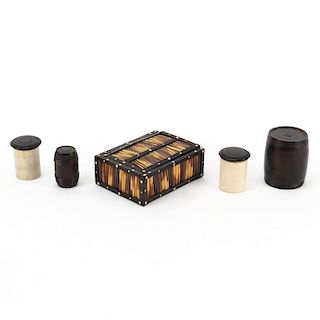 Collection of Five (5) Ebony and Bone Boxes/Canisters including a Vintage Porcupine Quill and Ebony Box; Two (2) Ebony Canist