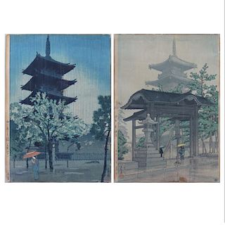 Two (2) Vintage Japanese Woodblock Prints "Rain", "Visiting The Temple" Possibly Asano Takeji, Japanese (1900-1999) Signed in