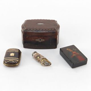 Collection of Four (4) Antique Boxes Including a Continental 935 Silver Mounted Serpentine Leather Dresser Box; a Figural Hoo