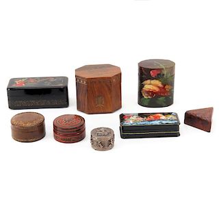 Collection of Eight (8) Vintage Boxes Including Two (2) Russian Lacquer Boxes; a Brass Inlaid Rosewood Box; A Lacquer Covered