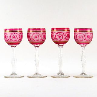 Set of Four (4) Baccarat Etched Ruby to Clear Glass Wine Stems