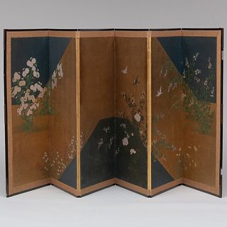 Two Japanese Six Panel Screens 'Flowers and Birds Against a Gold Leaf Path'