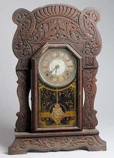 Eastlake Oak Carved & Stenciled Mantel Clock