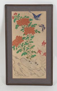 A Korean Minhwa, Folk Art Painting, Butterflies and Rabbits 