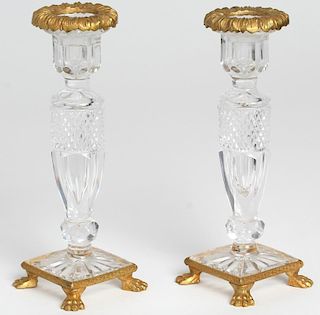 Pair of Ormolu-Mounted Cut Crystal Candlesticks