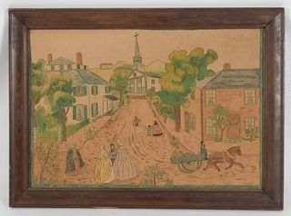American Folk Art, Watercolor and Needlework on Cloth 