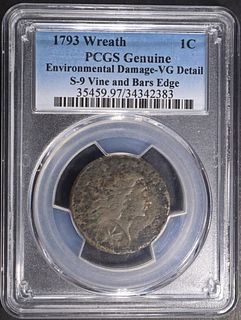 1793 FLOWING HAIR WREATH LARGE CENT PCGS VG DETAIL