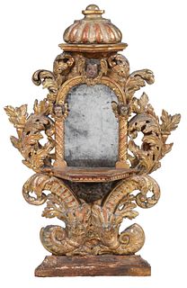 Italian Gilt and Painted Wood Mirror and Wall Shelf