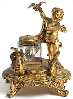 Rococo-Style Gilt Bronze Figural Inkwell