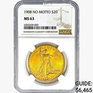 1908 $20 Gold Double Eagle NGC MS63 No Motto