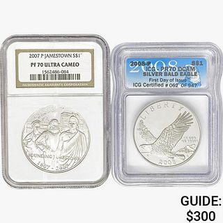 [2] US 1oz Silver Dollars ICG/NGC PF/MS70 