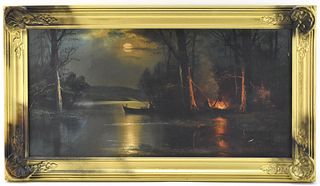 MOONLIT NOCTURNAL  LAKESIDE CAMPFIRE OIL PAINTING 