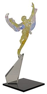 SIGNED IRIDESCENT ART GLASS FIGURAL SCULPTURE, 'TOUCH THE SKY'