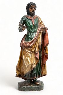 Spanish Colonial Wood Gesso And Polychrome Santos Figure 19th C., "Jesus", H 25.5" W 11" Depth 7"