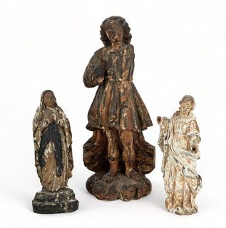 European Carved And Patinated Wood Santos Figural Grouping, Early 19th C., H 13.5" 3 pcs