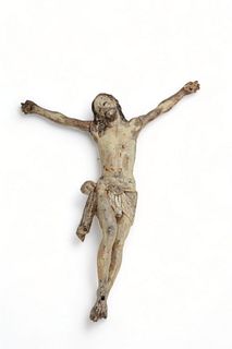 European Hand Carved And Patinated Wood Jesus Santo Figure, Ca. Early 19th C., H 12.5" W 9.5"