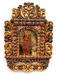 Spanish Colonial Cuzco Style Oil on Copper 1900, "Christ, Lamb of God", H 7.25" W 4.75"