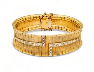 Italian 18k Yellow & White Gold, Diamond Bracelet, W 0.75" L 7" 58g