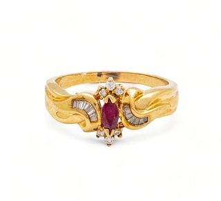 Marquise Ruby, Diamond & 14k Yellow Gold Ring, 6.5g Size: 10.25