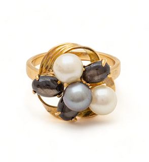 Pearl (5.5mm), Tahitian Pearl (5.2mm), 14k Gold & Black Star Sapphire Ring, 5.5g Size: 6.75