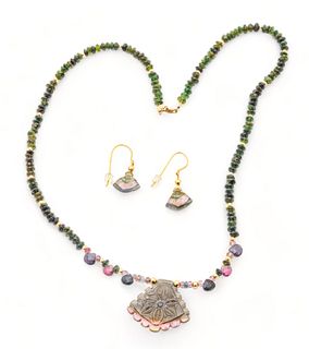 Beaded Tourmaline, 14k Gold Necklace & Earrings, L 19" 15g