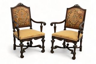 Pair of Jacobean Style Mahogany Arm Chairs, Ca. 1900, H 43" W 29" Depth 21"