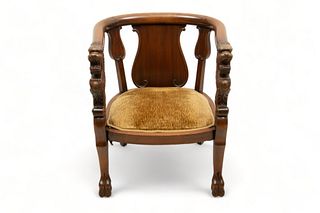 English Mahogany Arm Chair, Carved Griffon Terminals, H 32" W 25" Depth 21"