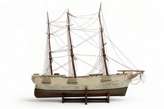 Antique Wood Ship's Model, H 34.5", L 39.5"