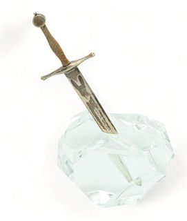Steuben (American) 'Excalibur' Sterling Silver & Glass Paperweight, H 8.5" W 4.75" Depth 3.25" 3.27t oz