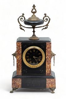 European Renaissance Revival Black Marble And Bronze Mantel Clock Ca. 1870-1880, H 19" W 9.5" Depth 6"