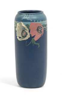 Weller Pottery (American) Vase, Red & White Poppies, Ca. 1910, H 9.75" Dia. 4"