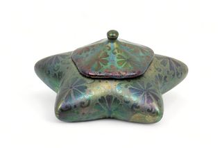 Jacques Sicard (1865-1923) for Weller Pottery (American) Art Pottery Covered Box, Star Form, Ca. 1930, H 3" W 5.5" L 5.5"