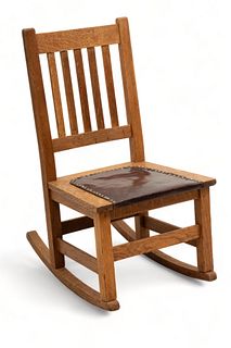 Quaint Furniture (American) Oak Rocker, Red Leather Seat, Ca. 1910, H 31" W 17" Depth 23"