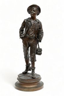 After Marcel Debut (French, 1865-1933) Bronze Sculpture, "School Boy", H 16" Dia. 6"