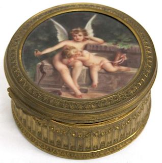 French Brass & Porcelain Jewelry Box