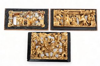 Chinese Gilded And Lacquered Wood Relief Architectural Fragments Ca. 1900-1920, 3 pcs
