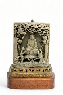 Chinese Relief Carved Soapstone Sculpture Ca. 1840, "Guanyin with Attendants", H 7.5" W 6" Depth 2.5"